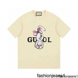 G Family Big White Rabbit Cute Style Original Reproduction Summer Unisex Beige White T-shirt Checked Version Round Neck Printing Short Sleeve {category}