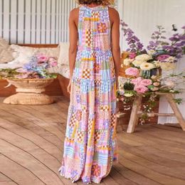 Casual Dresses Elegant Printed Dress Bohemian Maxi With Flower Print A-line Shirring For Women Summer Soft Round Neck Patchwork