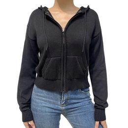 Women's Full Zip Knit Hoodies Casual Solid Colour Long Sleeve Drawstring Sweatshirts 240311