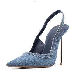 2024 Women's High Quality Metal High Heel Denim Sandals, European and American Sexy Pointed Hollow Fashion Show Shoes