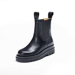 HBP Non-Brand Fashion Flat Martin Boots Shoes Chunky Heel Winter For Women Black Genuine Leather