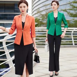 Women's Two Piece Pants Mid-Sleeve Small Suit Jacket Spring/Summer Thin Slim Fit Fashionable Elegant Plaid Pocket Top Business Wear