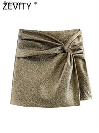Women's Shorts ZEVITY Women Fashion Knotted Design Side Zipper Mini Skirt Shorts Lady Shinning Metallic Shorts Chic Pantalone Cortos QUN5837C243128