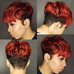Synthetic Wigs BeiSDWig Synthetic Short Black Haircut with Bangs Natural Red and Black 2 Tones Hair Wigs for Black/White Women Wavy Hairstyles 240329