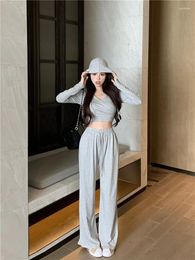 Women's Two Piece Pants Sweet Girl Suit Spring Grey Hooded Long-sleeved Short T-shirt Drawstring Wide Leg Casual Fashion Two-piece Set