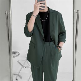 Suits 2023Spring Summer Solid Loose Medium Sleeve Suit + wide Version Nine Points Pant Suit Tide Business Social Party Casual Suit Set