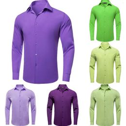 Men's Casual Shirts Violet Purple Solid Silk Spring Autumn Long Sleeves Lapel Slim Fit Shirt Wedding Formal Business Party Gifts Hi-Tie