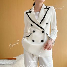 Women's Two Piece Pants Tesco White Suit Long Sleeve Blazer Patchwork Formal Pantsuit For Office Lady Casual Female Outfits 2