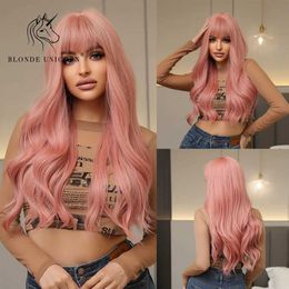 Synthetic Wigs Blonde Unicorn Light Pink Synthetic Wig Long Wavy Wigs with Bangs Daily Cosplay Party for Women Heat Resistant Fiber for Women 240328 240327