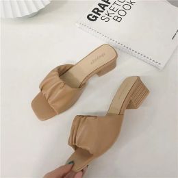 Slippers Shoes Slippers Heels Slides Med Fashion Slipers Women Square Heel High Luxury 2022 Block Rubber Rome PU Pumps Hoof Shoes Med