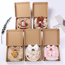 4Pcs/Set Flower Print Baby Bib Headband Elastic Nylon Hair Band Food Grade Silicone Beads Pacifier Clip Chain Christmas Gift Box 240315