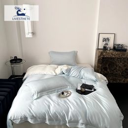 LivEsthete Elegant Light Blue 100% Silk Bedding Set Silky Flat Sheet Pillowcases Queen King Quilt Cover Bed Linen For Sleep 240306