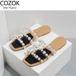 Boots Fashion Women Summer Slippers 2021 Pearl Flat Slides Open Toe Vacation Shoes Outdoor Beaded Sandals Sweet Style Women Flip Flops