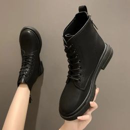 Boots Black Booties Leather Short Shoes for Women Elegant with Medium Heels Female Ankle Boots Work Round Toe Footwear Boot Gothic Y2k