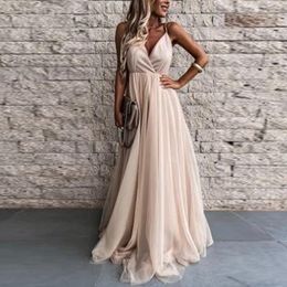 Casual Dresses Elegant Off Shoulder Lady Lace-Up Bow Maxi Women Sleeveless Backless Long Dress Sexy Deep V Neck Lace Mesh Party