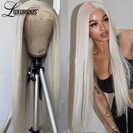 Synthetic Wigs Platinum Blonde Colored Straight Lace Front Wig 13x4 HD Transparent Lace Front Human Hair Wig #60 White Bob Brazilian Hair Wigs 240329