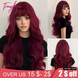 Synthetic Wigs Burgundy Dark Red Synthetic Wigs Long Wavy Wine Red Cosplay Wig with Bangs for Women Natural Body Wave Halloween Heat Resistant 240329