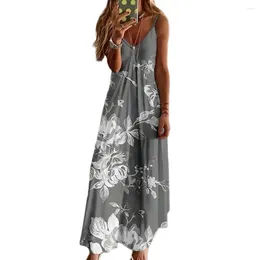 Casual Dresses Vacation Dress Bohemian Style Floral Print Maxi For Women Beach Sundress With V Neck Strappy Design Printed