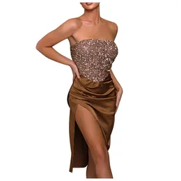 Casual Dresses Women's Strapless High Slit Sexy Dress Sequined Evening Gown Sparkly Glitter Vestido Tube Top Temperament Elegant Party
