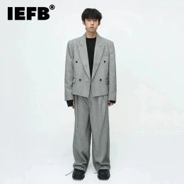 Suits IEFB Elegant Suits For Men Fashion Korean Style Simple Shoulder Pad Suit Set Trend Male Woolen Blazers Loose Suit Pant 9C2659