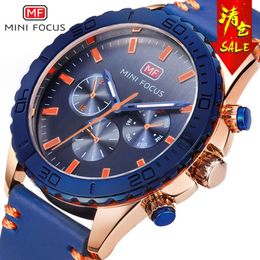 Movimento japonês masculino falso três olhos noite brilho à prova dwaterproof água pulseira de relógio de couro genuíno 0007g