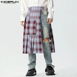 Dresses INCERUN Men Plaid Skirts Pleated Pockets Streetwear Personality Male Irregular Skirts 2023 Fashion Casual Men's Bottoms S5XL