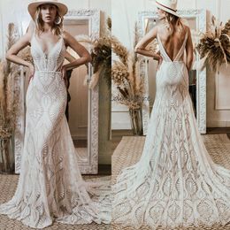 Hippies Fullace Boho Vestidos de Noiva 2024 Sexy Spaghetti Straps Sereia Praia Vestido de Noiva Sexy Backless Celta Gatsby Grego Civil Nupcial Mariage Vestios de Novias