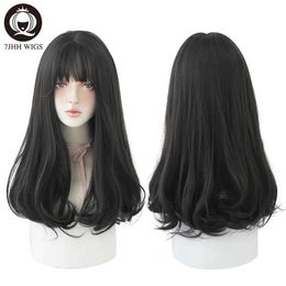 Synthetic Wigs 7JHHWIGS Long Wavy Synthetic Black Wigs For Women With Fringe Fashion Heat Resistant Mid-Length Daily Straight Light Brown Hair 240328 240327