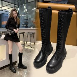 Boots Long Tube crosstied weave stretch sock boots women thicken soled motorcycle botas de mujer knitted kneehigh skinny bottes 2021