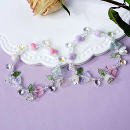 Charm Bracelets Vintage Sweet Pink Crystal Lily Flower Bracelet For Women Korean Cute Tassel Butterfly Pendant Aesthetic Jewellery