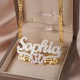 Qitian Personalised Nameplate Name Necklace Custom 3D 18KGold Plated Double Diamond Choker Pendant Two-Tone Name Chain For Women 240305