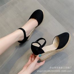 Slippers 2022 Women Sandals Casual Linen Clogs Wedge Sandials Summer Red Pink 6cm High Heel Platform Espadrilles Spring Shoes 3442