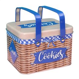 Biscuit Box Handle Design Cookie Tin Storage Jars Handheld Metal Can Candy Iron Imitation Rattan Wedding Decor 240307