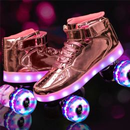 Boots 2022 New Led Rechargeable 7 Colorful Flash Shoes Double Row 4 Wheel Roller Skates Outdoor Men Women Patines