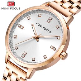 MINI FOCUS New Minimalist Diamond Studded Japanese Movement Waterproof Steel Strip Quartz Women's Watch 0047L