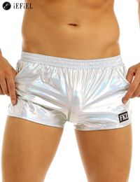 Mens Holographic Shiny Metallic Boxer Briefs Casual Loose Lounge Shorts Underwear Fashion Swim Trunks Bikini Swimwear 240318