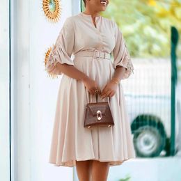 Casual Dresses Pleated Dress For Women Elegant Half Open Collar 3/4 Sleeve Belt Classy A Line African Female Fashion Office Lady