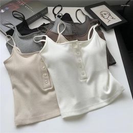 Women's Tanks 2024 Button Crop Top Solid Colour Slim Fit Thin Strap Tank Tops Women Summer Casual Sleeveless T-Shirt With Chest Pads