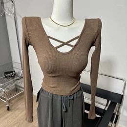 Women's T Shirts Wholesale V Neck For Women Shoulder Pad Basic Slim Shirt Spring Long Sleeve Top Cross Strap Short Solid