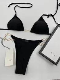 Women's Swimwear Italian Designer Ladies Sexy Bikini Split Metal Chain Letter Print Suspenders Black Coffee SXL