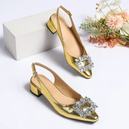Sandals Summer Golden Baotou Sandals Wearing Slippers Outside 2023 Pointed Thick Heels Water Diamond Silver Single Shoes High Heels