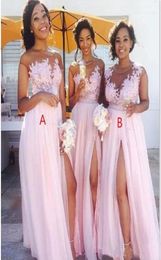 2020 Sexy sheer Jewel neck lace appliques maid of Honour dresses split formal evening gowns wear Cheap Country blush pink bridesmai9444556