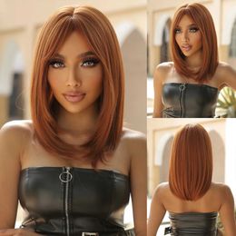 Synthetic Wigs Shoulder Length Synthetic Wigs Short Straight Orange Copper Brown Wig with Bangs for Black Women Afro Hair Daily Heat Resistant 240328 240327