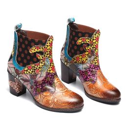 Boots Vintage Splicing Printed Ankle Boots for Women Shoes Female Pu Leather Retro Block High Heels Bohemian Ladies Winter Short Boots