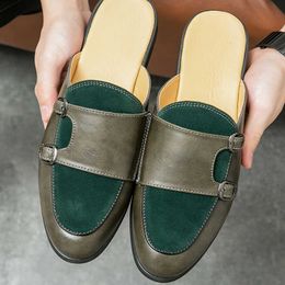 HBP Non-Brand Double Monk Strap Shoes Green Colour Suede Slip On Mules Comfortable Men Leather Slippers Half Loafers