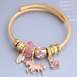 Cuff Bangles for Women Crystal Love Heart Stainless Steel Bracelet Femme Fashion Gold Color Wire Animal Horse Charms Jewelry 240315