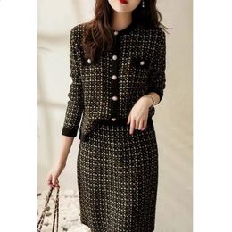 Womens Skirt Suits Luxury Fashion Round Neck Single Breasted Long Sleeve Sweater Knit Cardigan 2pcs Matching Set 240226