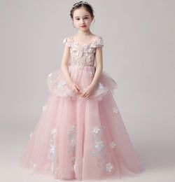 Artístico rosa tule fora do ombro apliques miçangas vestido de menina de flor vestidos de concurso de menina vestidos de festa / aniversário saia de menina personalizado SZ 2-12 D318014