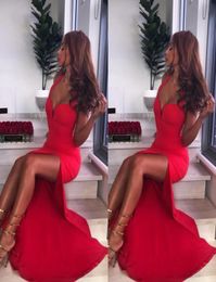 2020 Sexy Red Mermaid Prom Party Dresses Halter Side Split Long Formal Dresses Sweetheart Neck Sleeveless Evening Gowns7831401