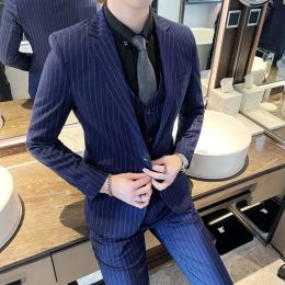 Suits Highend Chequered Striped Suit (suit + Vest + Trousers) Autumn and Winter Trend Korean Version Slim Fashion Suit 3/2 Piece Set